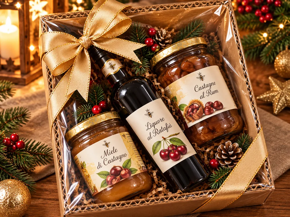 Confezione regalo natalizia con miele, bevande e specialità gastronomiche, decorata con un fiocco dorato